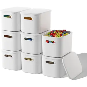 8 Pack White Storage Bins with Lids Stackable Storage Container for Organizing Storage Boxes with Handle for Shelves Cube Storage Bin for Craft Snacks 9.85x6.9x5.7 inch