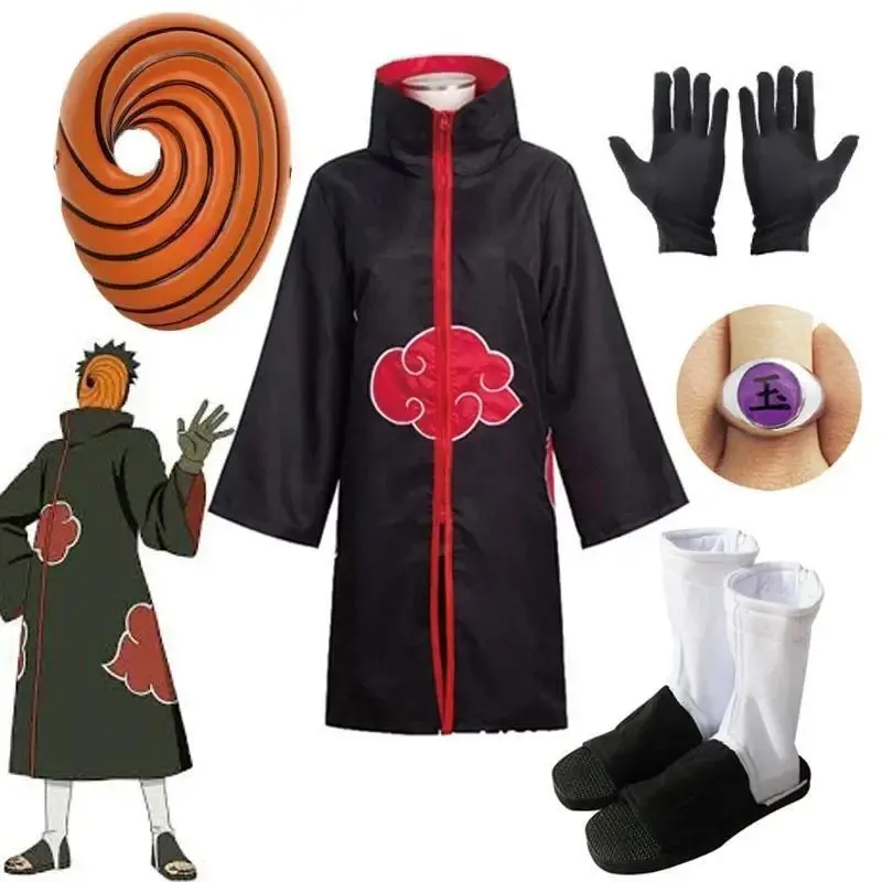 Naruto Akatsuki Costume Set, Anime Cosplay Obito Polyester Robe with Mask for Kids and Adults, Classic Halloween Wear, Fits Heights 135-185cm, Cosplay Costume