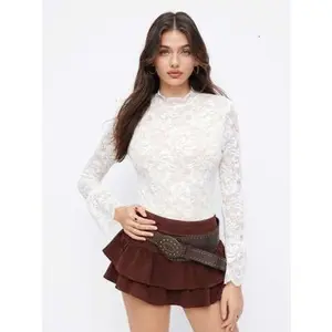 Floral Lace Stand Collar Ruffle Long Sleeve Bodysuit