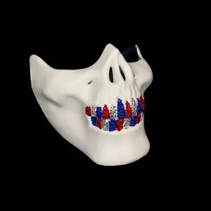 White Half Skull Mask With Blinged Out Crystal Red Blue & Silver Luxe Crystal Grillz
