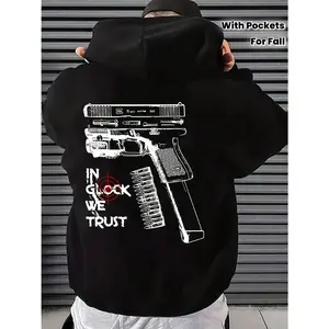 Men's In Glock We Trust graphic Graphic Hoodie - Cotton Blend Black Long Sleeve Pullover Regular Fit | Soft & Breathable Fabric, Durable Print, Everyday Comfort, Machine Washable, urban streetwear outdoor casual