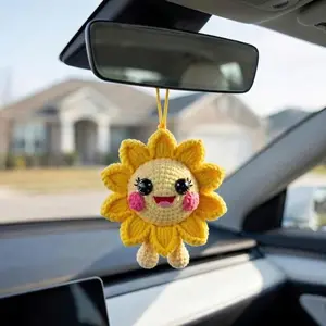 Handmade Sunflower Smile Crochet Car Hanging, Cute Happy Accessory