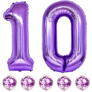 Large 10 Balloon Number Purple, 40 Inch Helium Foil Number 1 & 0 Balloons Self Inflating with Confetti Balloons for Girls Women 10th 1st Birthday Party Balloons Anniversary Decorations Supplies