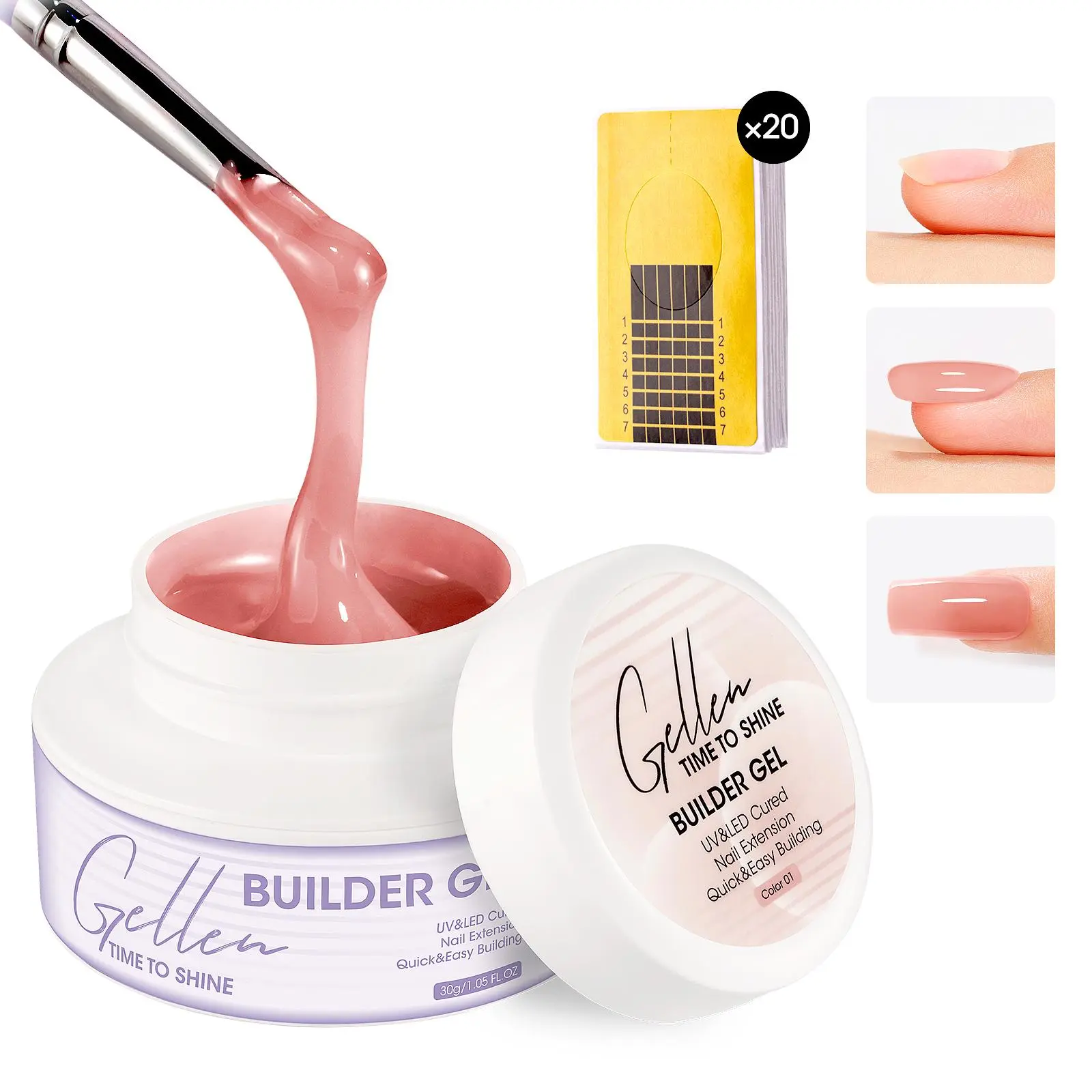 Gellen Builder Gel Kit for Professional French Manicure, 30g Nude Pink Hard Gel for Nail Extensions, Strengthening, and Apex Building with 20 Forms