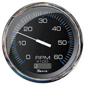 Faria Beede Instruments  5 in. Tachometer with Digital Hourmeter 6000 RPM Gas Inboard - Chesapeake Black with Stainless Steel