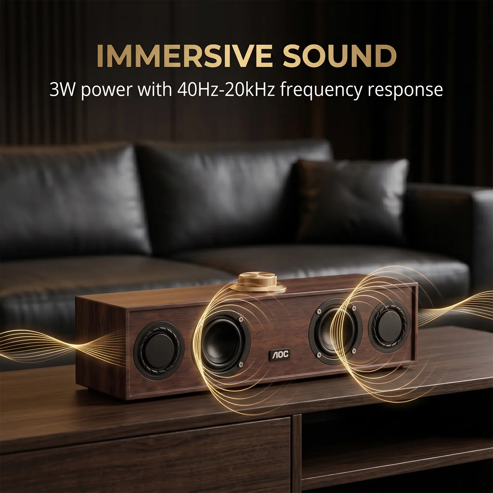 Retro AOC Wood Bluetooth Soundbar, Dual 2-Inch Speaker Units, Bluetooth 6.0 & USB Wired Inputs, Clear Stereo Bass, 1.2M PVC Cable, Portable Desktop Speaker for Office, Gaming, Daily Music Playback