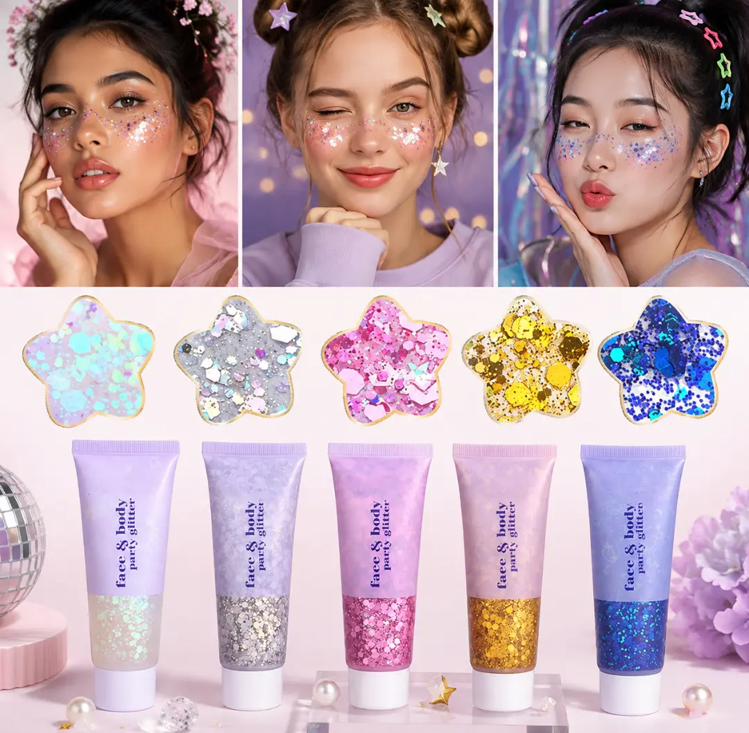 Face Body Glitter, Hair Glitter Sparkles Chunky Face Glitter Gel for Girls Makeup Singer Concerts Mermaid Festival Sequins Face Paint (White+Silver+Pink+Gold+Blue)