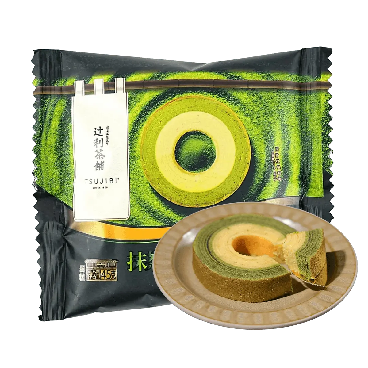 TSUJIRI Japanese Matcha Double Layer Baumkuchen Cake 45g - Premium Grade Matcha Powder, Rich Tea Flavor, Soft & Moist Snack for Breakfast & Afternoon Tea