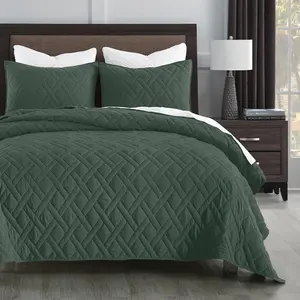 Quilt King Size Dark Green, Geometric Stitched Pattern, Ultra Microfiber Lightweight Bedspread Coverlet for with 1 Quilt 2 Pillow Shams