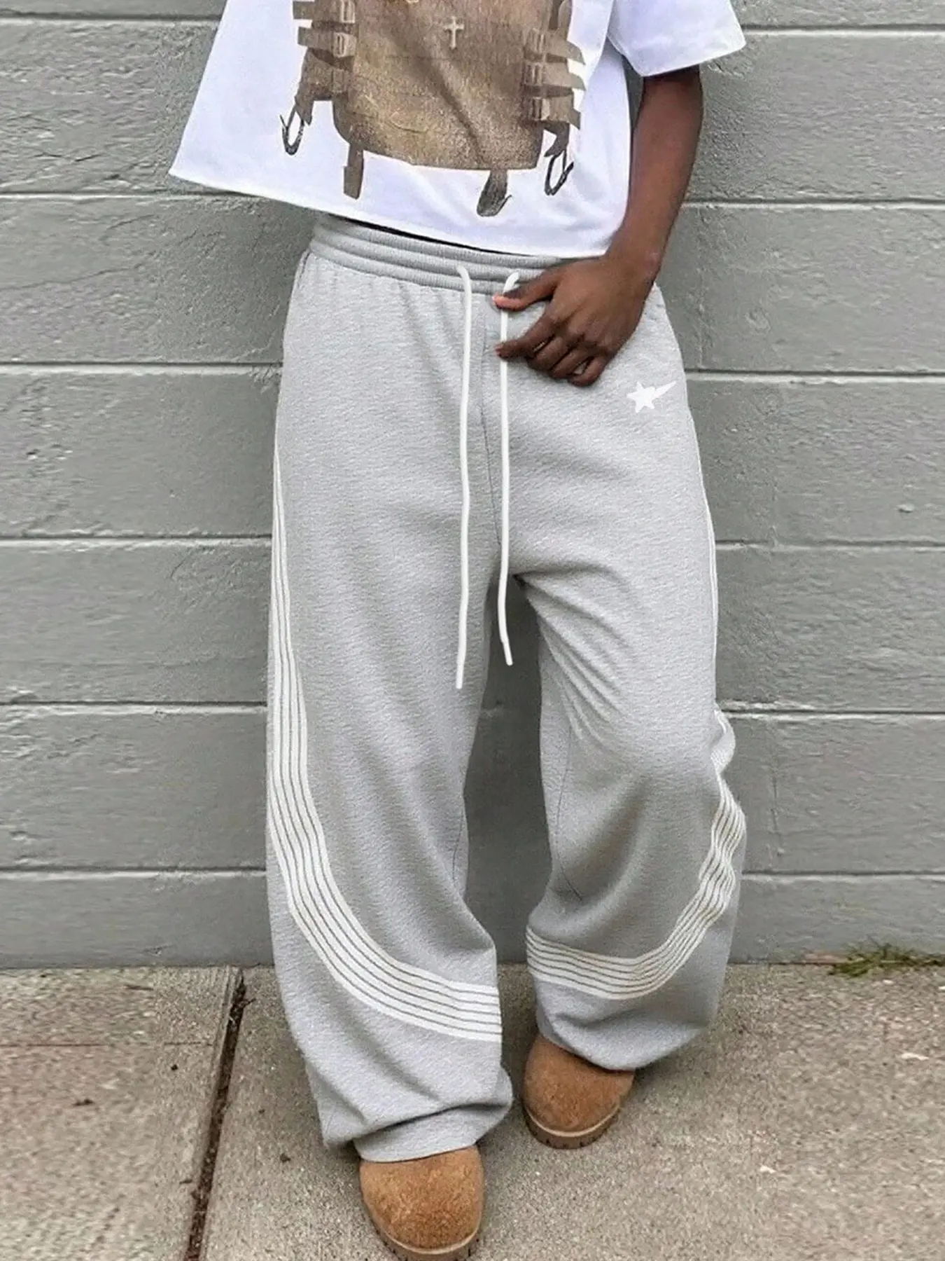 West Coast Hip Hop Casual Comfy Baggy Pants, Striped Patchwork Straight Leg, Loose-Fit Basic pants, Elastic Waist, Casual Drawstring Waist, Unisex All Seasons Wear, Trouser, Bottom, Minimalist