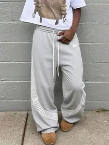 West Coast Hip Hop Casual Pants, Striped Patchwork Straight Leg, Loose-Fit Basic pants, Elastic Waist, Unisex All Seasons Wear