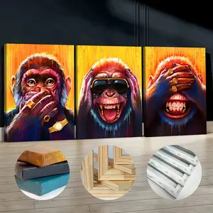 3Pcs Wooden Framed Canvas Painting, Three Chimpanzees Cover Their Eyes, Nose, And Throat, Exquisite Poster, Home Decoration, Pattern Wall Art Decor, For Living Room, Bedroom, Office, Bar Wall Decor, Waterproof, Odorless, Painting, Print Artwork.