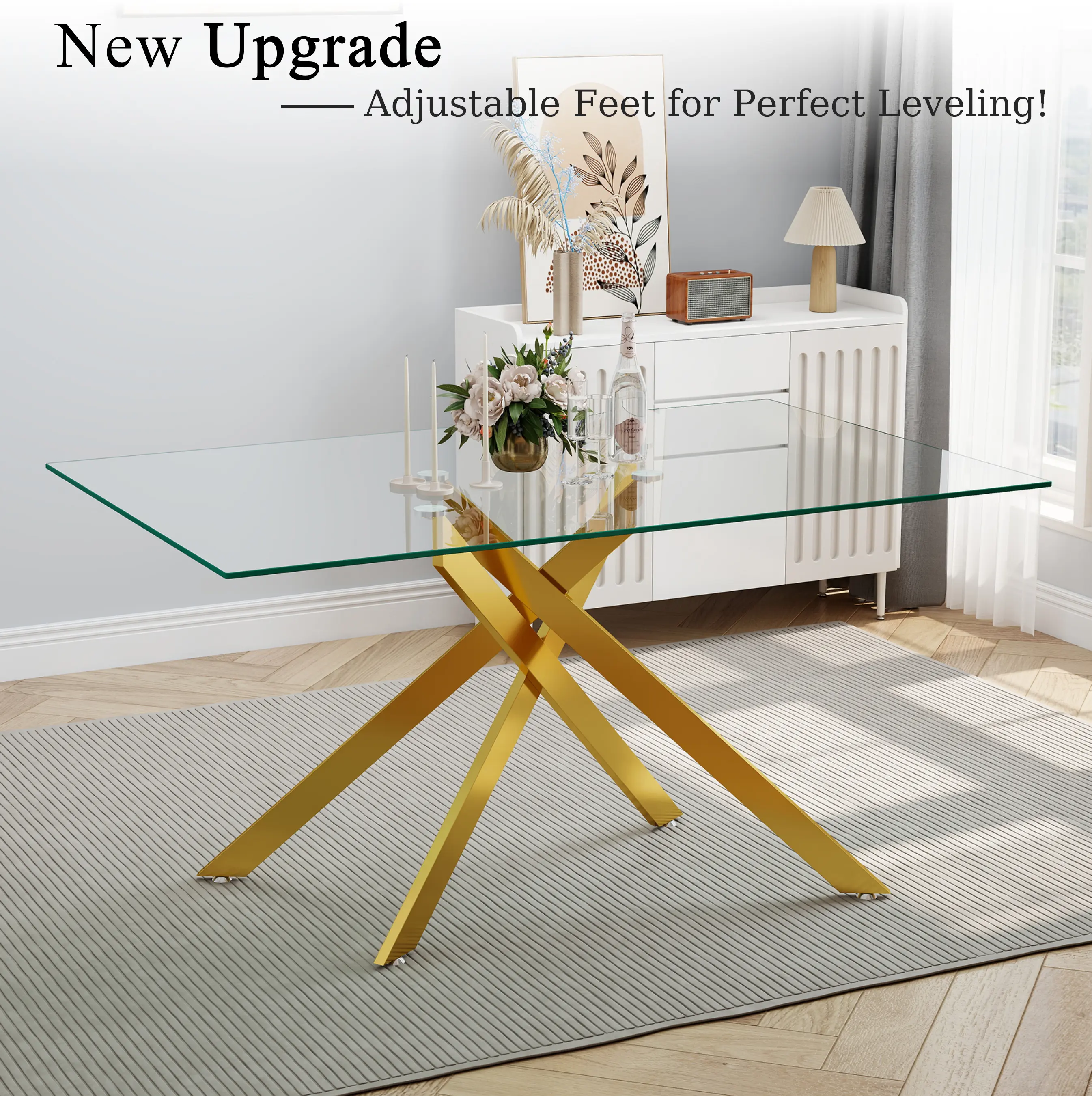 51.18 Inch Rectangular Tempered Glass Dining Table for 4-6, Gold Metal Legs, Adjustable Feet, Modern Kitchen Table, Sturdy & Durable for Restaurant Use, Easy Assembly, 250lbs Capacity