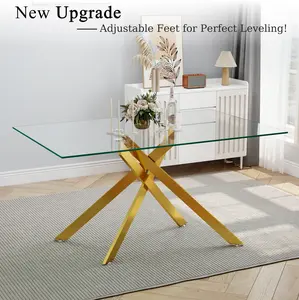 51.18 Inch Rectangular Tempered Glass Dining Table for 4-6, Gold Metal Legs, Adjustable Feet, Modern Kitchen Table, Sturdy & Durable for Restaurant Use, Easy Assembly, 250lbs Capacity