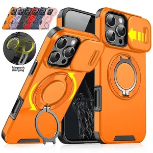 For iPhone 16 Pro Max 15 Pro Max 14 Pro Max 13 12 Pro Max Plus 16e with Slide Camera Case, 360 Rotated Ring Kickstand Holder Military Grade Shockproof Protective Cover Accessories