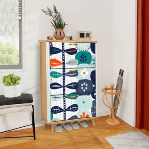 Scandinavian Blue Orange White, Teal Modern Danish Floral Shoe Cabinet