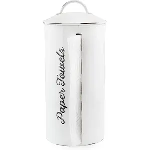 Farmhouse Paper Towel Holder (White); Rustic Enamelware Countertop Paper Towel Dispenser for Kitchen