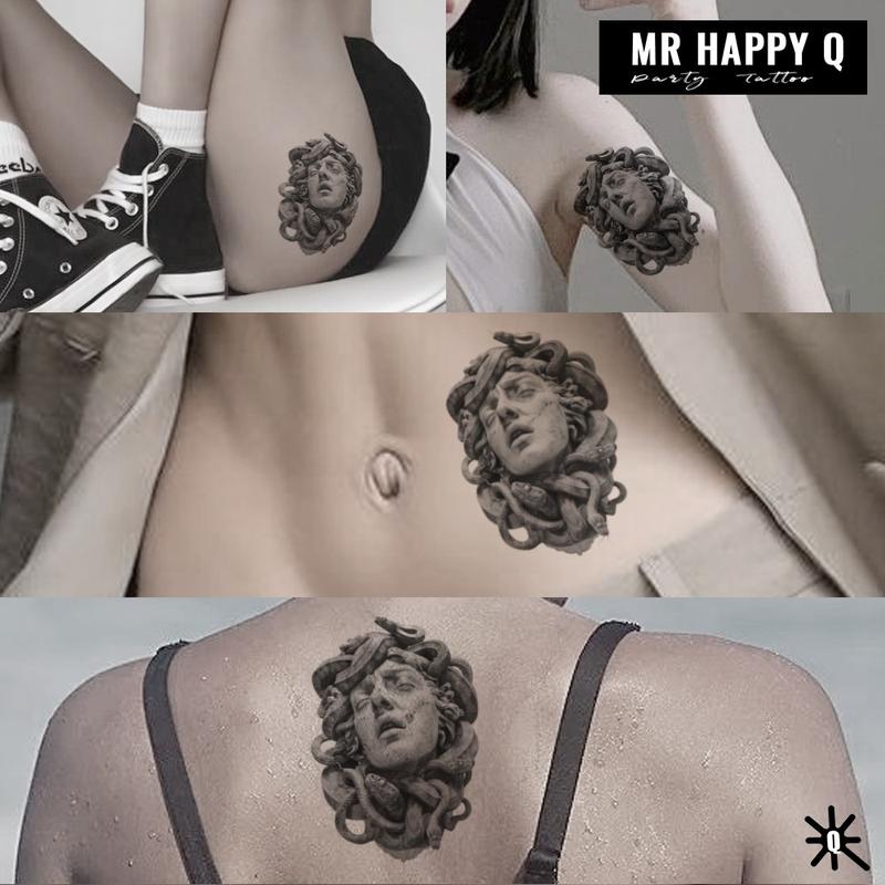 Temporary Tattoo Sticker Greek Mythology Theme Medusa Snake Hair Design Gothic Art Magic Tattoo Realistic Skin Waterproof Neck Arm Unisex Party Decoration