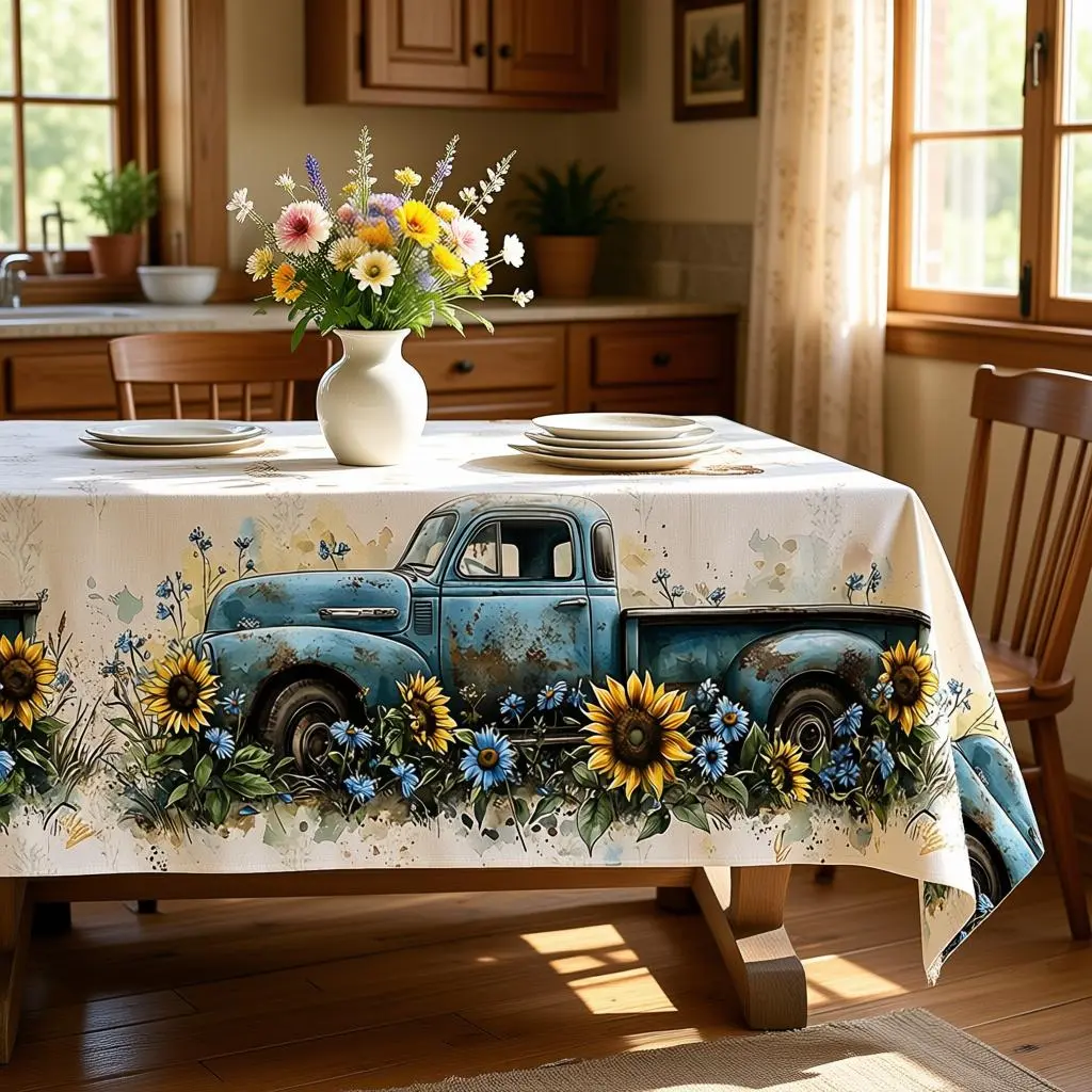 Farmhouse tablecloth, decorated with white and yellow accents, featuring blue trucks, sunflowers, round, rectangular and oval shapes, suitable for banquets, restaurants, parties, festivals, outdoor use and birthdays, polyester/washable, clearance sale
