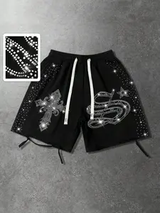 inestone Cross & Dollar Symbol Shorts, Elastic Waist Drawstring Sporty Shorts, Streetwear Party Wear, Sports Shorts