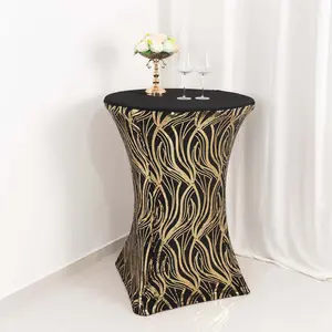 Spandex Round Cocktail Table Cover 30" Black/Gold with Wave Embroidered Sequins - Glamorous Design for Upscale Events