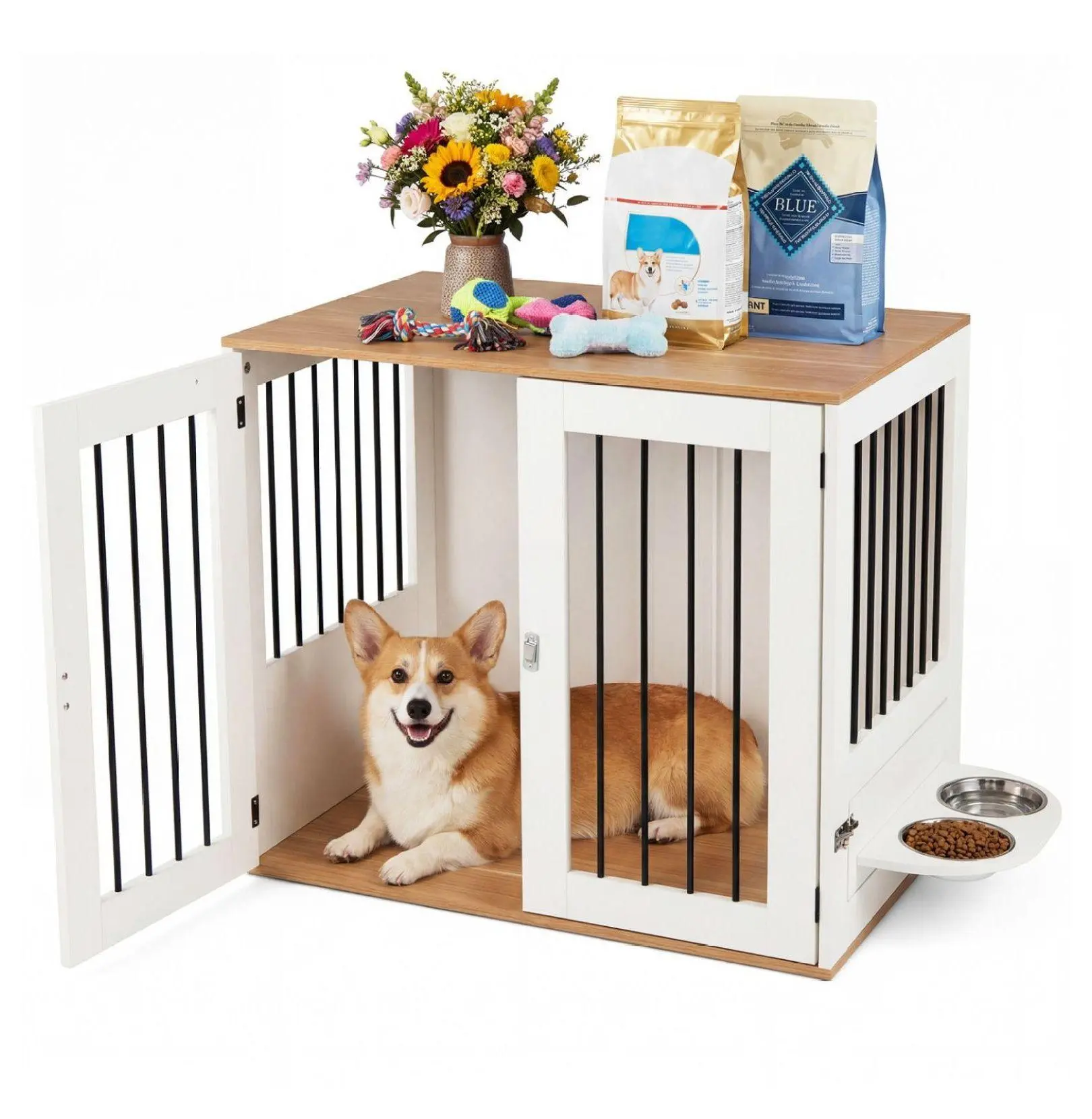 31.5" Wooden Dog Kennel with Double Lock, Rotating Feeder & Storage - Indoor Dog Crate for Small to Medium Dogs White