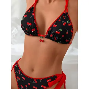 25SS Summer Trend Women's 2pcs Bikini Set, Black and Red Color Block with Cherry Print, Bud Trim, Cherry Accessories, Halter Neck Tie, Fashionable Casual Swimwear