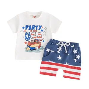Toddler Baby Boy 4th of July Clothes USA Letter Ice Cream Print Short Sleeve T Shirt Tops with Stripe Star Print Shorts Sets Newborn Summer Casual Patriotic Outfits