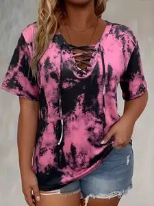 Plus Size Women's Tie Dye Print Top, Casual Front Tie T-Shirt, Comfortable Stretch Fabric, Ideal for Daily Wear and Gifting