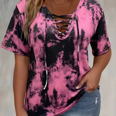 Plus Size Women's Tie Dye Print Front-Tie Adjustable Top, Casual Stretch Beachy Tee with Comfortable Fabric, Ideal for Daily Wear and Gifting