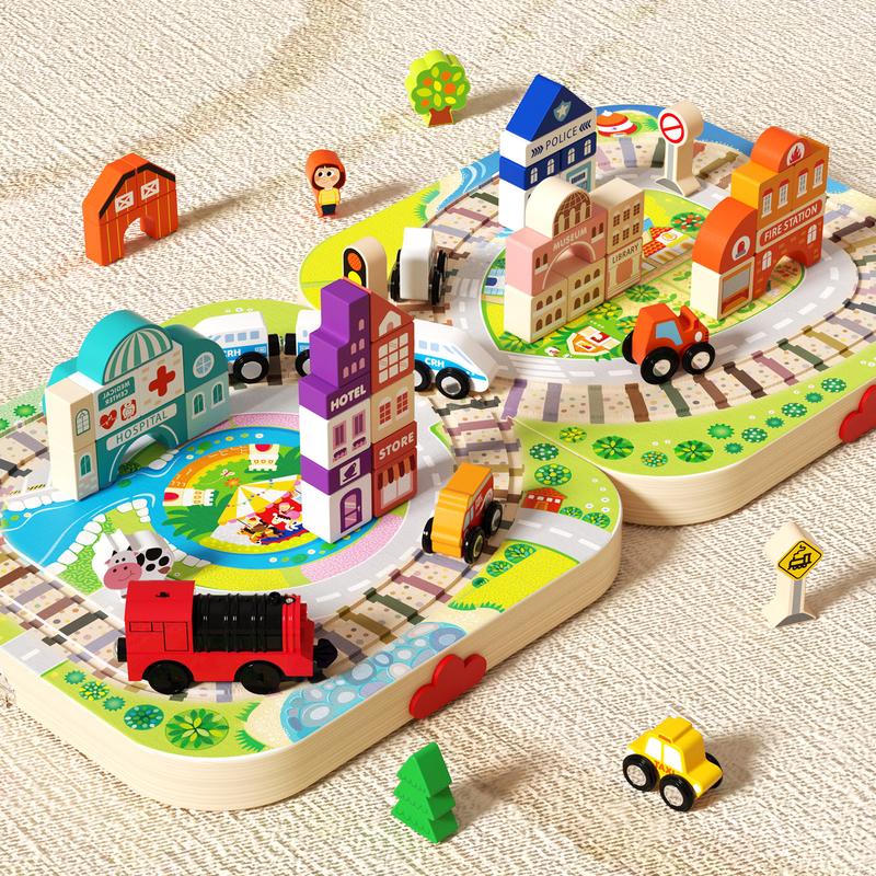 EDUTREE Wooden Track City Blocks Fun Educational Toys for Kids Portable Durable Block Set for Travel Hand-eye Coordination Shape Recognition Halloween Birthday Gifts for Boys Girls