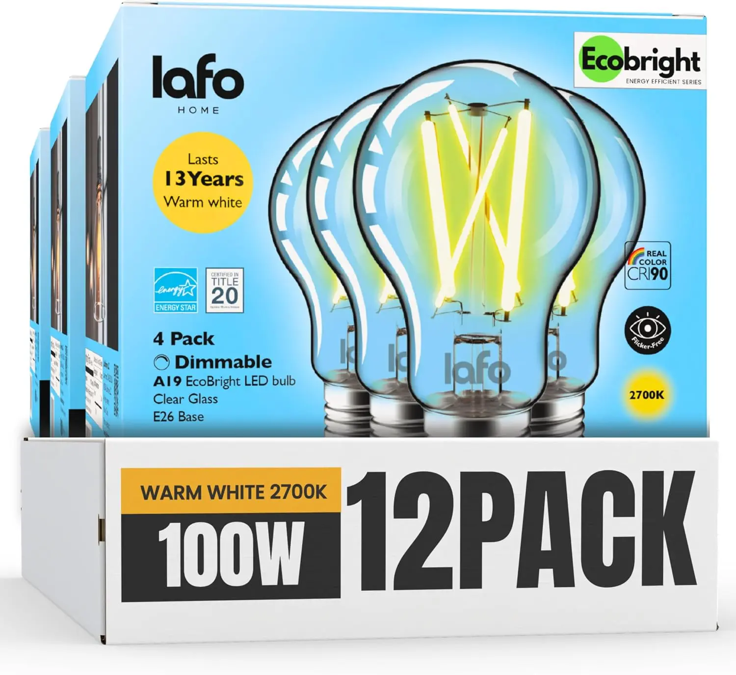 EcoBright 12 Pack Dimmable A19 LED Filament Bulb 10W 100W Equivalent 1100 Lumens Warm White 2700K E26 Base CRI90 Clear Glass Flicker Free Energy Star Title 20 Certified Indoor Lighting