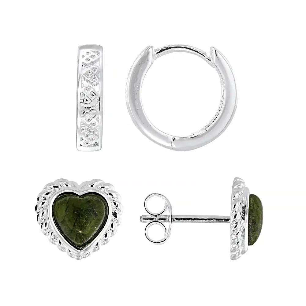 JTV Connemara Marble Silver-Tone Heart Stone Set Earring Stack - 5x5mm Push Back Stud & Huggie Earrings, Dainty Ear Accessories for Casual Adults