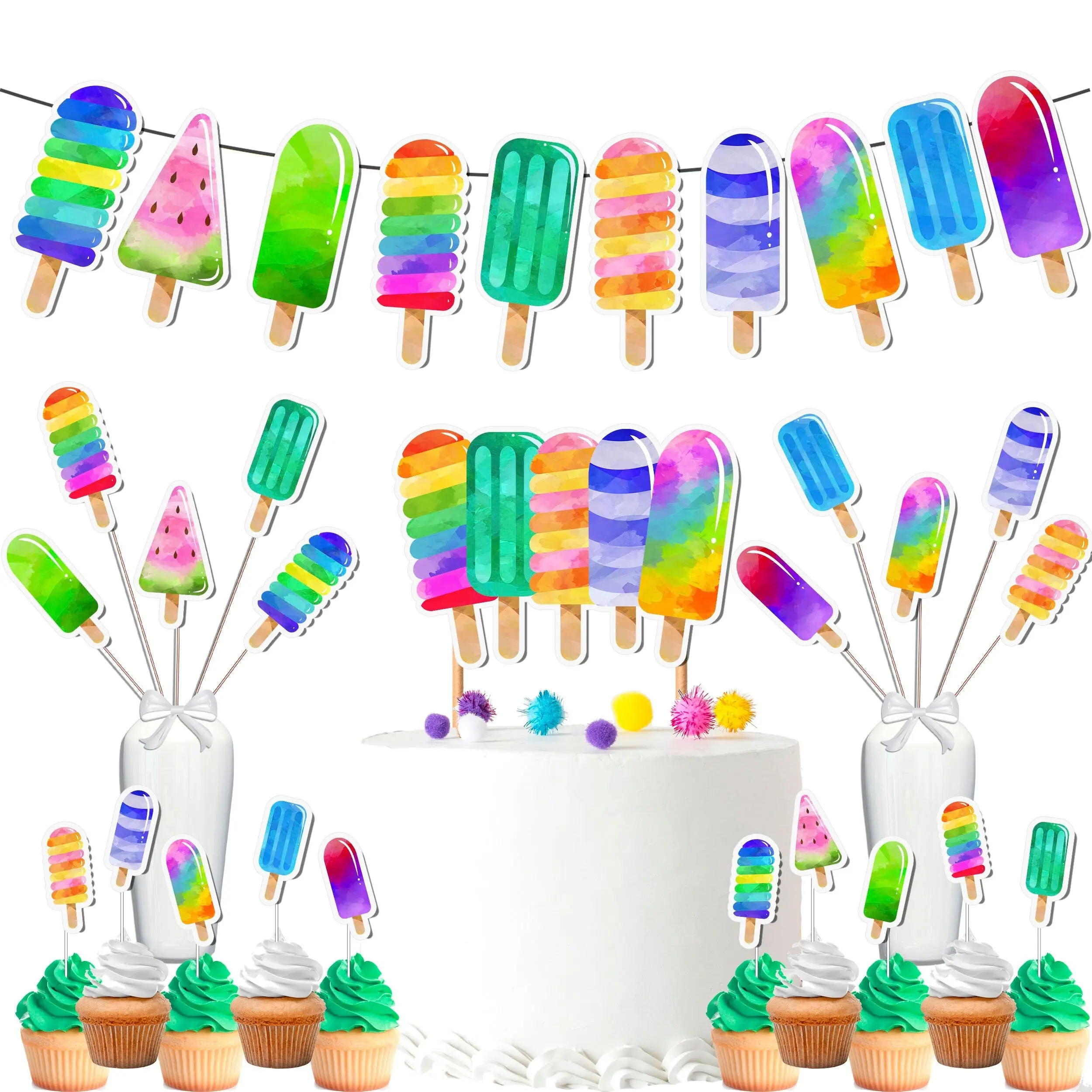 Colorful Ice Cream Party Decor Set - Vibrant Cake Topper, Cupcake Toppers, Centerpieces & Banner - Scoop Up Fun for a Sweet Birthday Bash
