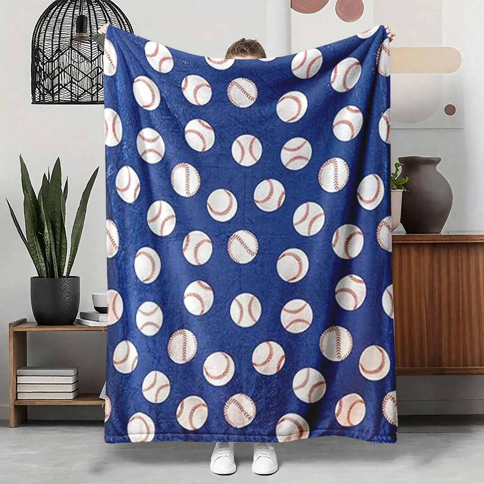 Baseball Fan Blanket Gift, Navy Blue White Baseball Red Stitching Pattern Flannel Throw, Soft Cozy Warm Nap Blanket for Bedroom Living Room Man Cave, Gift for Baseball Lover Him Her Boyfriend Son, Christmas Birthday Holiday Present