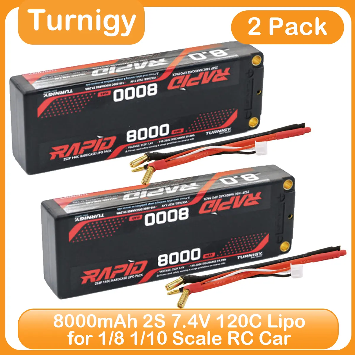 Turnigy Rapid 8000mAh 2S Lipo Battery 7.4V 120C Hard Case RC Car Battery for 1/8 1/10 Scale RC Vehicles, Cars, Trucks, Drones, Boats, RC Models