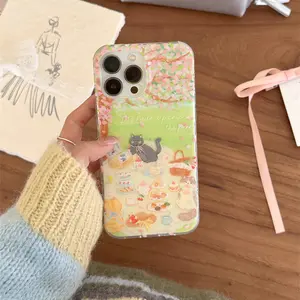 Crystal Transparent Light IND | Sakura Tree Picnic Cat | Casual Cartoon Protective Phone Case | BFF Gift Edition | for iPhone 11 12 13 14 15 16 17 Pro Max