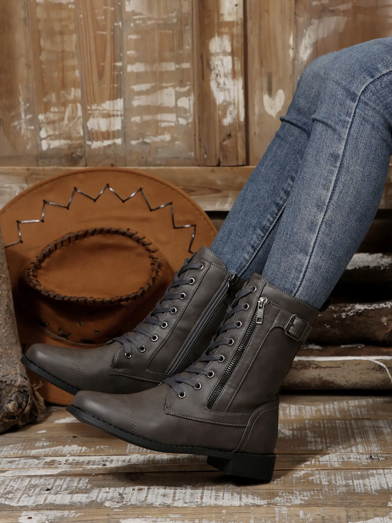 Women's Large Size Flat Short Boots with Side Zipper, Fashion Lace-Up Mid-Calf Round Toe Plain Color Comfortable Stylish Shoes Pull On Boots Casual Boots