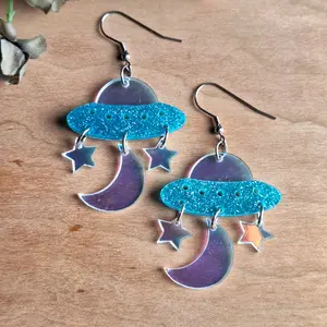 Iridescent and Glittery Alien Spaceship Dangle Earrings