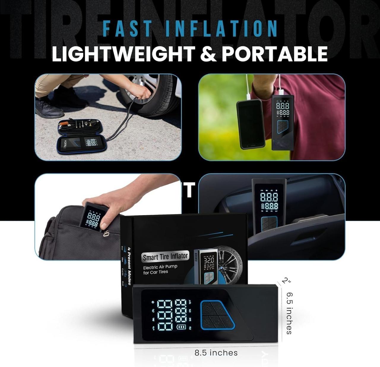 Premium Portable Tire Inflator for Car, 150 PSI Wheel & Tire Air Compressor and Inflator with Battery, Fast Electric Digital Tire Pressure Pump Gauge for Vehicle, Car, Bike & Motorcycle Tires