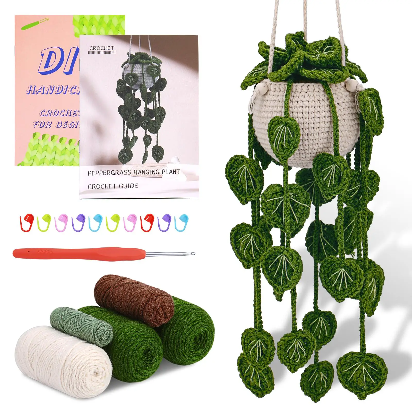 Crochet Kit for Beginners, Hanging Potted Plants Crochet Starter Kit with Step-by-step Video Tutorials, Complete Crochet Kit for Beginners, Green Gras