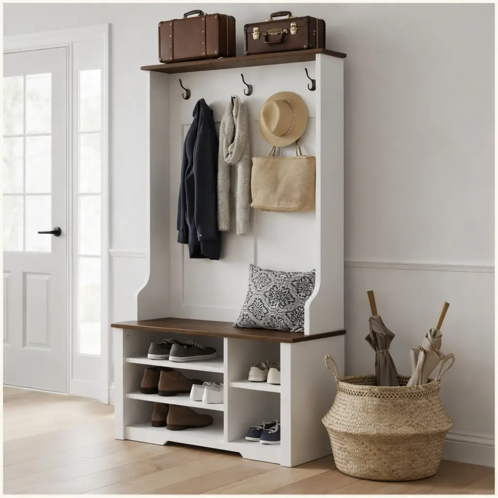 Rustic Narrow Hall Tree with Shoe Storage Bench Hook - 31.5" Compact Small-Space Hero Metal Organiser Entryway Coat Rack for Apartments, Heavy-Duty 350 LBS Capacity Clothing Garment Display