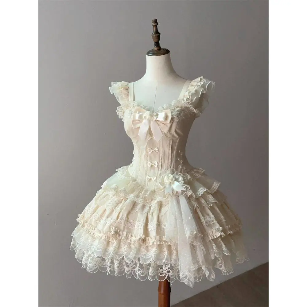 Japanese Sweet Princess Lolita Elegant Woman Party Dress Y2k Chic Bow Fairy Vintage Dress Slim Flower Lace Retro Outfits Summer
