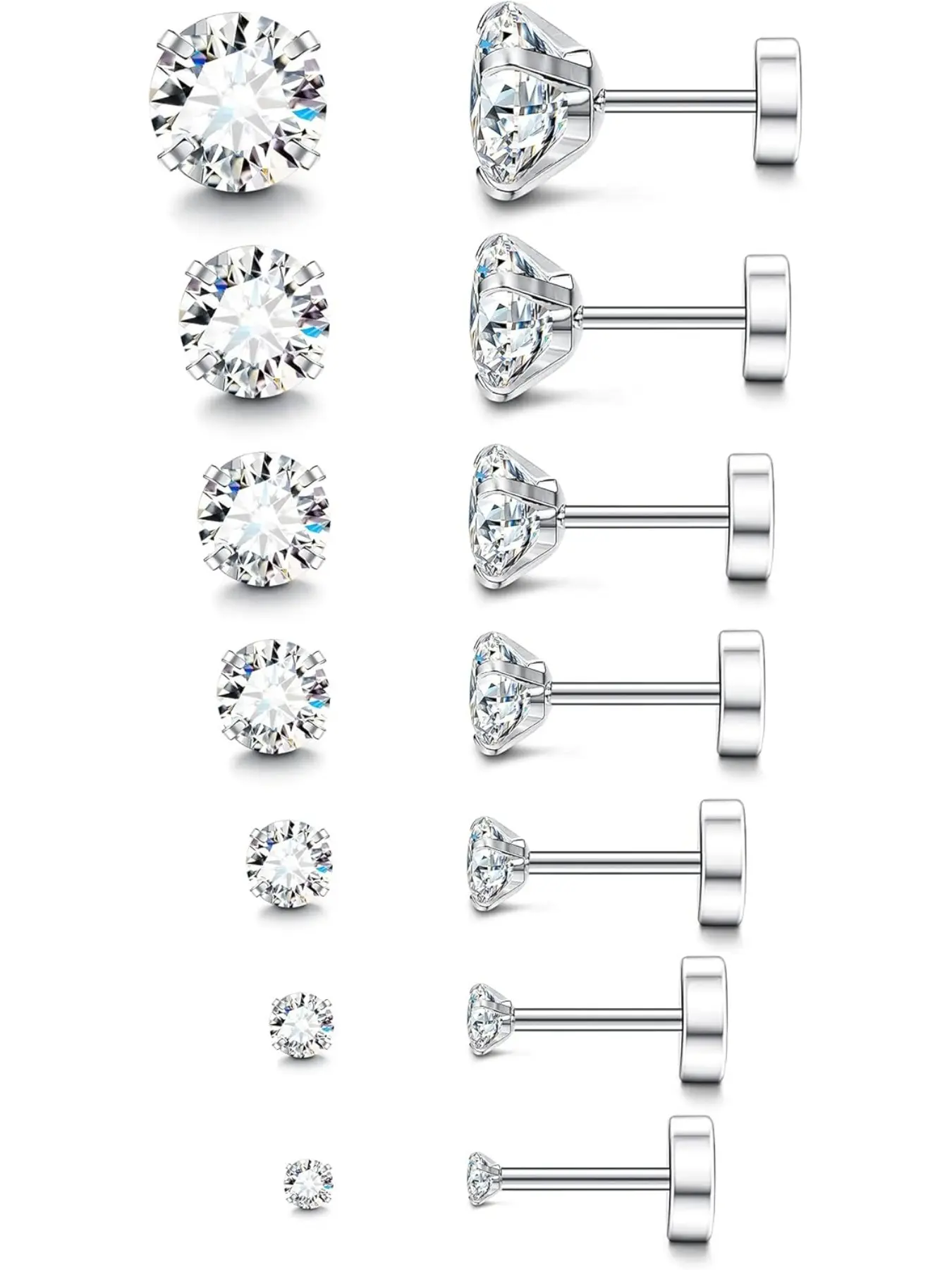 20G Hypoallergenic Flat Back Earrings for Women Men Silver Gold Stainless Steel Stud Earrings Brithstone Cubic Zirconia Studs Steel Cartilage Earrings for Sensitive Ears Solitaire Earrings Post Earrings