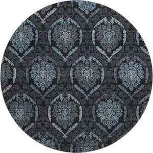 HomeRoots 666056 8 ft. Blue & Charcoal Medallion Transitional Washable Round Area Rug with UV Protection