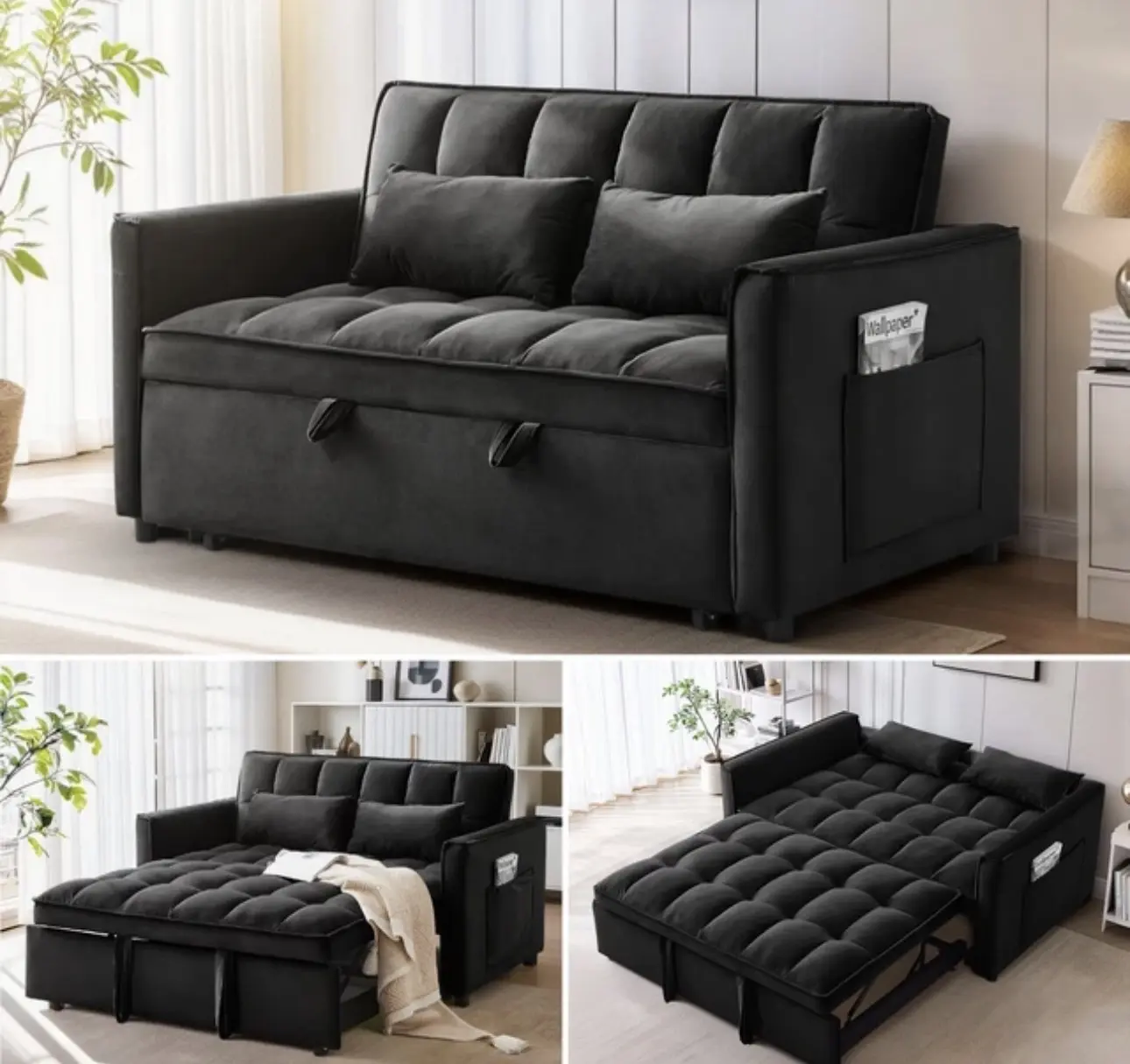 3&1 Convertible Sleeper Sofa Bed Velvet Pull Out Couch Adjustable Loveseat Futon