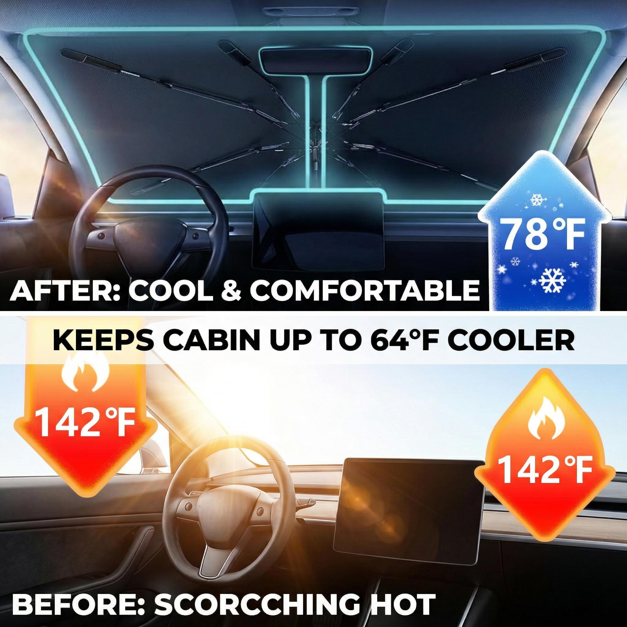 Car Windshield Sun Shade Umbrella 140x79cm Foldable UV Heat Protection with Curved Handle Fits Most Sedans SUVs Blocks 99% UV Rays Reduces Interior Temperature