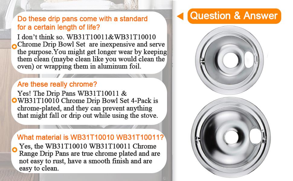 WB31T10010 WB31T10011 Chrome Range Drip Pans by Blutoget- Electric Stove Drip Pans Fit for GE Hotpoint Ken-more Electric Range with Locking Slot-Includes 2 6-Inch&2 8-Inch -4 Pack(Chrome Plated Steel)