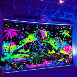 1 piece, Fantasy DJ Skull Music Carnival Fluorescent Tapestry - Patterned Polyester Wall Hanging for Dining Room, Indoor Use, Living Room Dormitory Weaving Home Decor - No Installation Required