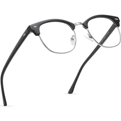 Blue Light and UV Filtering Non-Prescription Glasses, Vintage-Inspired Browline Frame for Computer Work and Everyday Wear